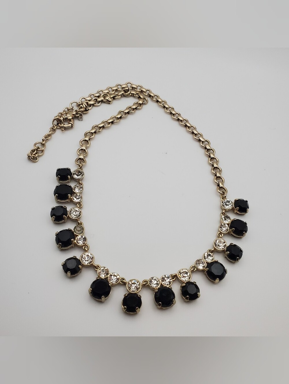J. CREW Gold Chain Statement Necklace with Black Onyx Stones & Clear Glass Drops